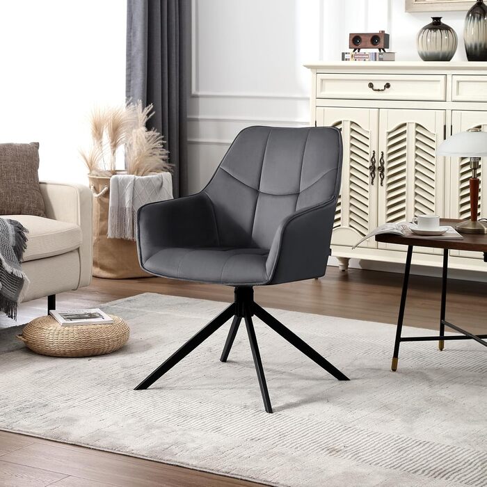 Крісла для їдальні WOLTU, набір 2 шт., поворотні, для кухні, вітальні, їдальні, м'які з підлокітниками, з металевим каркасом, матеріал: жаккард та оксамит, колір: темно-сірий