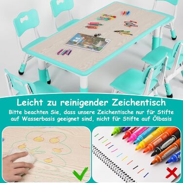 Дитячий стіл MAMIZO на 6 стільців, регульований по висоті, для дитячого садка та дитячої кімнати, від 2 років, м'ятно-зелений