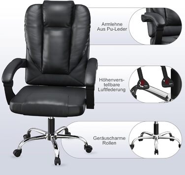 Офісний стіл Naspaulro Ergonomischer Bürostuhl з регульованою висотою та високою спинкою, м'яке сидіння, поворотний крісло з бавовняно-льняної тканини, коліщата, для роботи (чорний, шкіра)