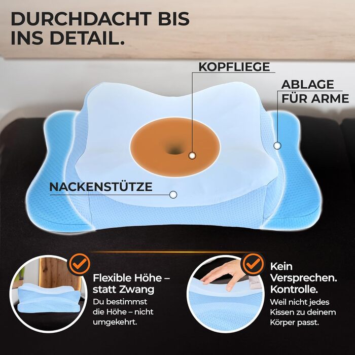 Подушка для шиї з меморі-піною, ергономічна, Oeko-Tex®, регулює температуру, блакитна, для всіх типів сну