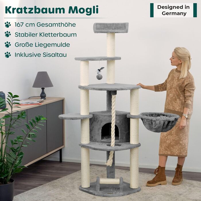 Кігтеточка HAPPYPET Mowgli 167 см, стовбури 9 см, виїмка XXL, ігрова мотузка та кігтеточка, сірий