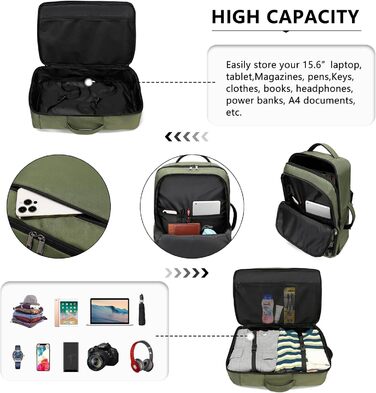 KONO Рюкзак для ручної поклажі в літак, великий, водонепроникний, 55 x 35 x 20 см, 38L, зелений