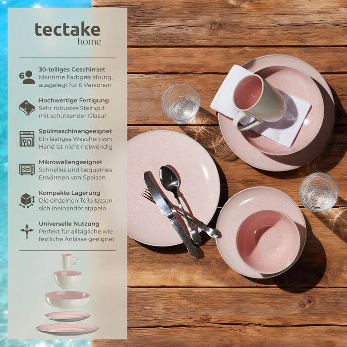 Набір посуду Tectake® 30 предметів для 6 осіб, керамічний посуд, ручної роботи, тарілки, миски та чашки, придатний для миття в посудомийній машині та використання в мікрохвильовій печі - Coral Blush