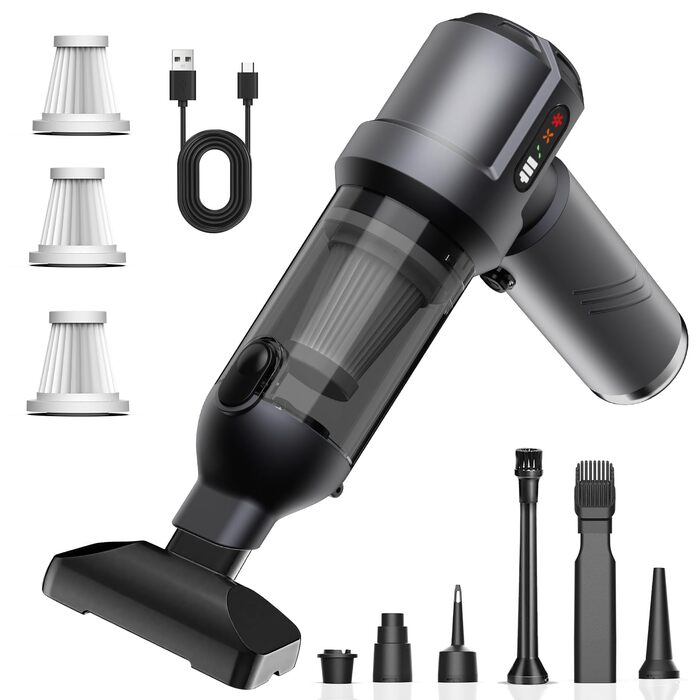 Акумуляторний ручний пилосос 4 в 1 для дому та авто, 25000Па, бездротовий портативний пилосос з автоматичним спорожненням контейнера, для шерсті тварин, сірий