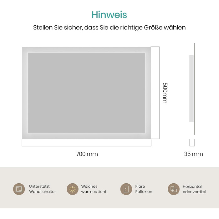 Дзеркало для ванної кімнати EMKE® з підсвічуванням 80x60 см, тепле біле світло 3000K, вимикач, вертикальна/горизонтальна установка, IP44, енергозберігаюче