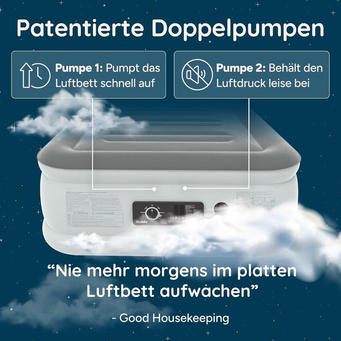 Huddle® Luxury Never Deflate - Розкішне надувне ліжко Never Deflate з запатентованою технологією Dual-Pump-SlumberGuard™ | Надувна матрац з вбудованим насосом | Зручне надувне ліжко (одиночне)