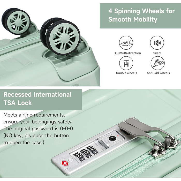 Набір валіз Sea Choice Matcha Grün: M-L-XL (55/65/75 см) з косметичкою, TSA-замок, жорсткий корпус