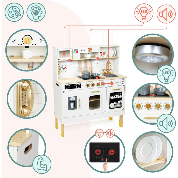 Дерев'яна дитяча кухня Mamabrum з LED-підсвічуванням - ігровий набір кухонь з регульованою висотою, з приготуванням кубиків льоду, мікрохвильовою піччю, плитою та посудомийною машиною. Іграшка для дітей від 3 років