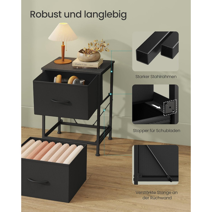 SONGMICS Комод з 2 висувними ящиками, шафка для зберігання, сталь, MDF, тканина, для спальні, прихожої, вітальні, чорний, LGS312BH03