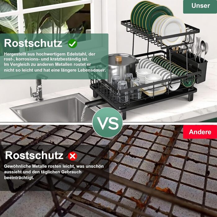 Сушарка для посуду ROTTOGOON розширювана, 2-ярусна, чорна: нержавіюча сталь, з висувним носиком та відділенням для столових приборів