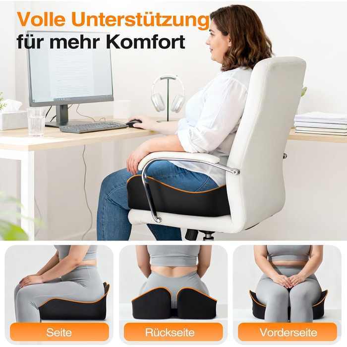 Ергономічна подушка для сидіння з Memory Foam для офісного крісла та авто, подушка для офісу, авто та дому, знімний чохол, протиковзаюча поверхня, розмір M (60–85 кг) (L-Extra Fest (110–140 кг))