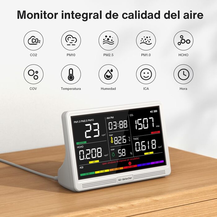 Вимірювач якості повітря Bonoch 16 в 1: Моніторинг CO2, TVOC, PM2.5, PM1.0, PM10, HCHO, Температура, Вологість, AQI, Час, Білий