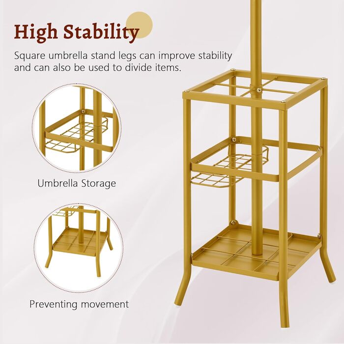Стійка для одягу FAVOOOSTY з підставкою для парасольки, 12 гачків, для вітальні/спальні, срібло/золото