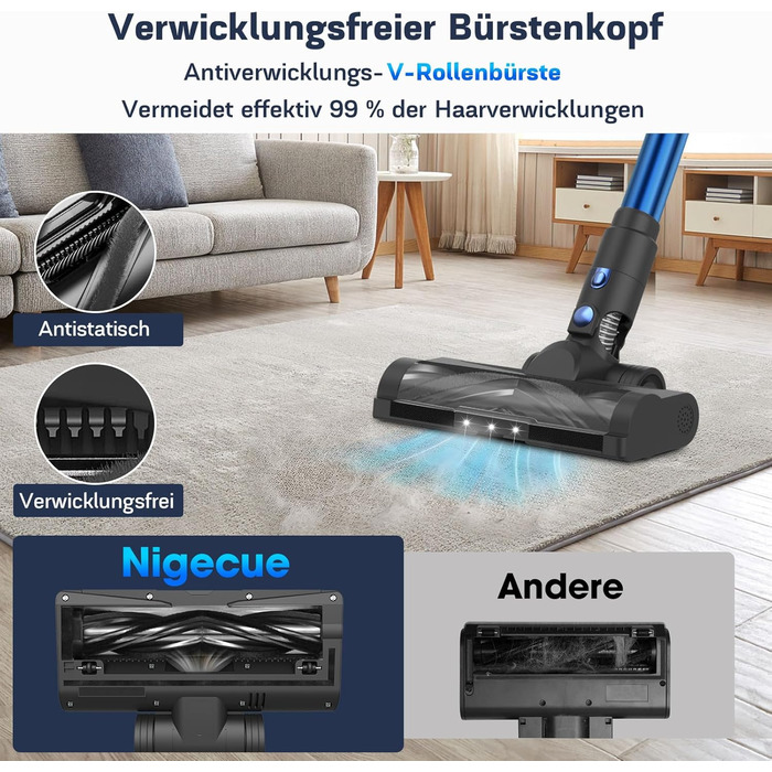 Бездротовий пилосос Nigecue 550W з акумулятором, 45000Pa, 60 хвилин роботи, Smart-дисплеєм, антизаплутувальною щіткою, 1.5L контейнером для сміття, для твердих поверхонь, килимів та шерсті тварин