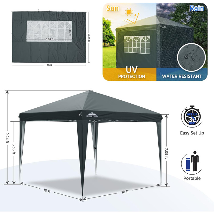 Альтанка EAGLE PEAK 3x3 м Складний водонепроникний намет з навісом Складна садова альтанка, захист від ультрафіолету з 4 бічними панелями для вечірки, весілля, саду, кемпінгу, фестивалю E100SW4 (сірий)