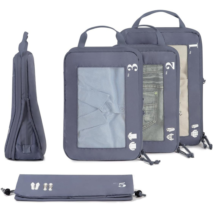 Набір компресійних органайзерів для одягу в подорож ECOHUB, 5 предметів, темно-сірий