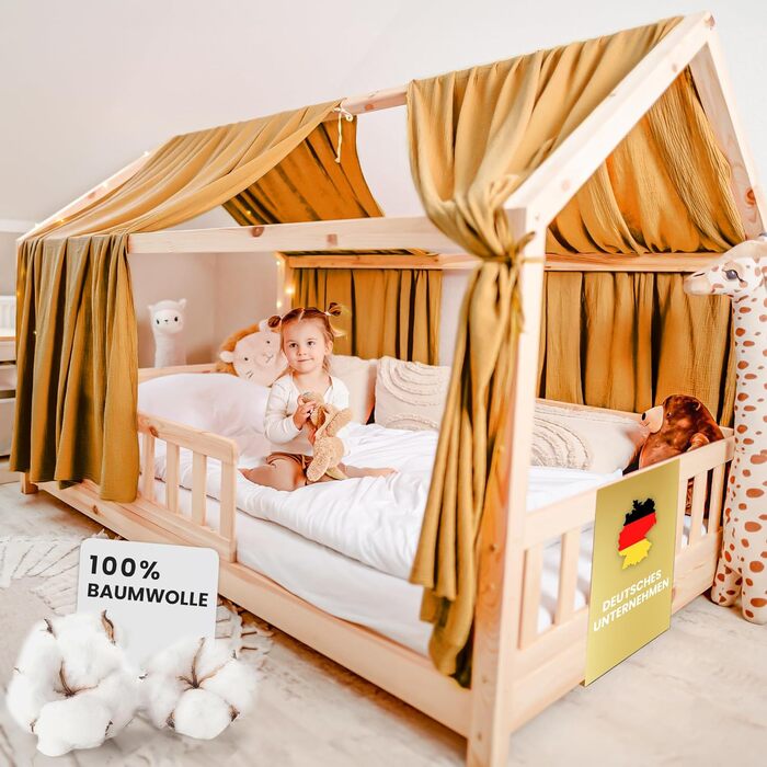 Балдахін для ліжка Lilimaus House - Балдахін з мусліну зі 100 бавовни - Прикраса ліжка для будинку - Подарунок для дівчинки та хлопчика - Штори для ліжка з балдахіном для дитячих ліжок 90x200 & 120x200 - Прикраса дитячої кімнати балдахіном (гірчично-жовти