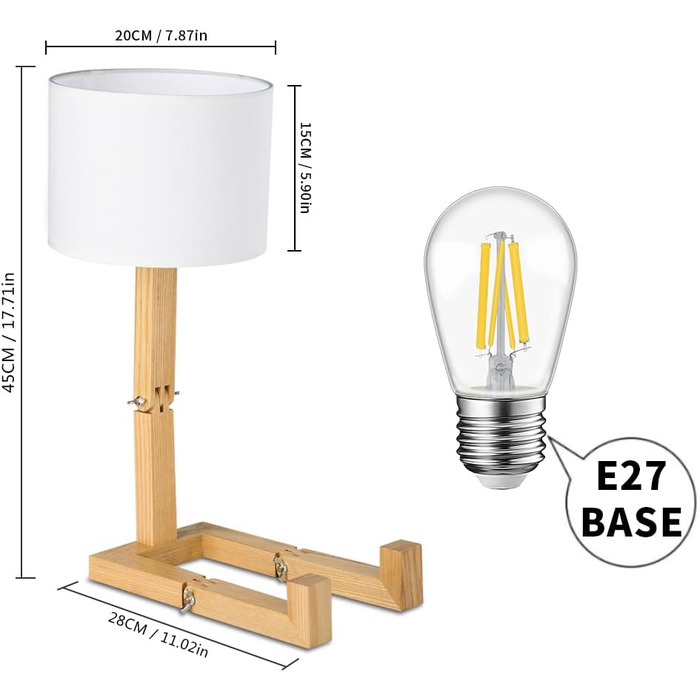 Приліжковий світильник ELINKUME Robot, настільна лампа Creative E27 з дерев'яною основою та тканинним абажуром