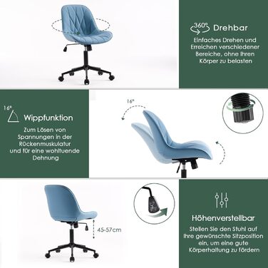 Офісне крісло YOUTASTE з принтом листя, ергономічне, регульоване по висоті з функцією гойдання, без підлокітників, шкіряне, для дому та офісу, блакитне