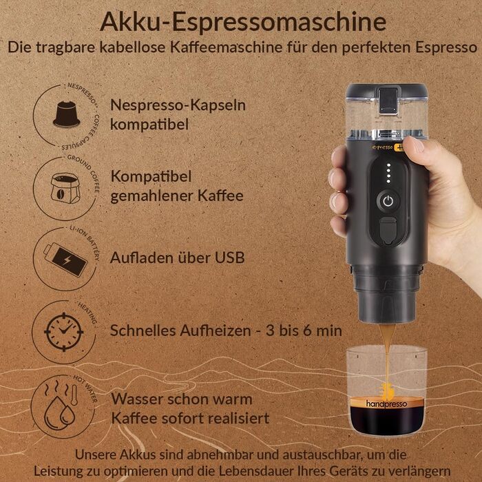 Handpresso E-PRESSO+: портативна кавомашина на акумуляторі для еспресо та кави, USB, 90 мл, 3x2,9 mA