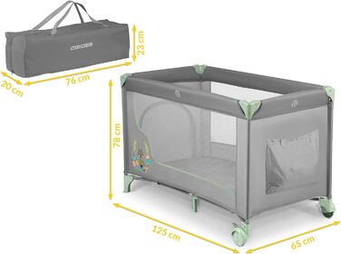 Дитяче ліжечко Ricokids Дорожнє ліжечко, портативне, манеж, 125x65x78 см, вантажопідйомність 15 кг, складне, два колеса з гальмами, знімний бічний вхід, матрац, сумка, сірий (м'ятно-сірий)