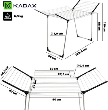 Сушильна стійка KADAX, велика сушильна машина, сушильна машина з крилами для довгої білизни, сушарка зі складними крилами, підлогова сушарка з порошковим покриттям (з 4 лопатями)