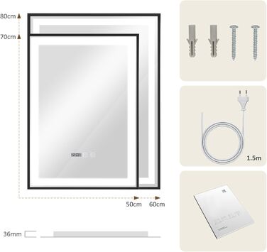 Дзеркало для ванної кімнати YOURLITE з підсвіткою, 85x55 см, LED, сенсорне керування, 3 кольори світла, регулювання яскравості, протизапобігання запотіванню, вертикальна/горизонтальна орієнтація, IP44, білий (чорний-5070)
