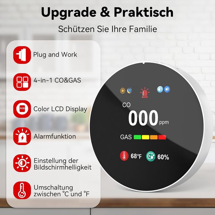 Детектор чадного газу та газу з вилкою, 4-в-1 CO-детектор з датчиком температури та вологості, з акустичним сигналом для дому та автокаравану, 1 шт. (Чорний) (Білий 1)