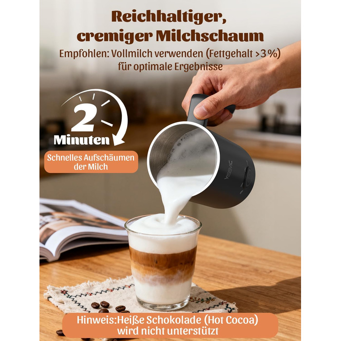 Електричний спінювач молока YISSVIC 4-в-1: автоматичний, 500W, антипригарне покриття, для капучіно, лате, макіато