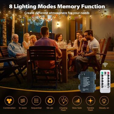 Ланцюжок прикрас для зовнішнього використання на батарейках G30, 9м, 20 LED, тепле біле світло, з пульт дистанційного керування, таймер, диммування, IP64, для саду, ялинки, балкона, бістро.