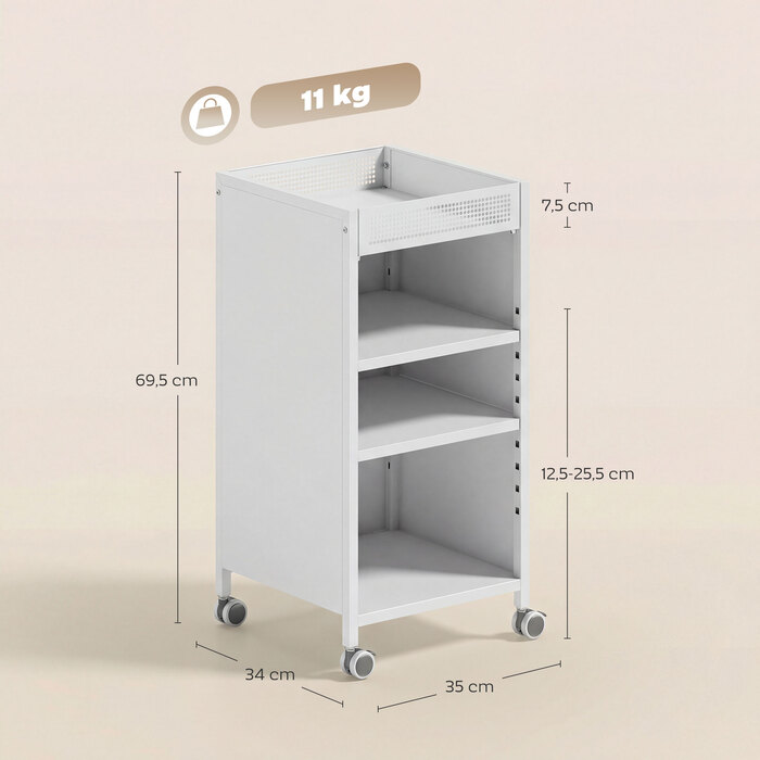 Мобільна полиця для книг з регульованими полицями, 3-рівнева візок з верхньою корзиною, білий