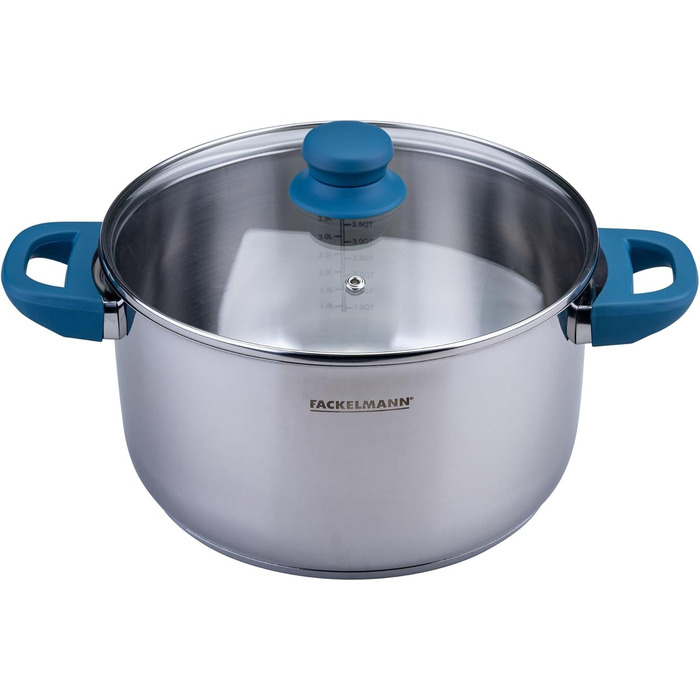 Каструля Fackelmann Essential з нержавіючої сталі з ергономічною ручкою Bakelite та літражним позначенням – підходить для всіх типів плит, синього кольору (з кришкою, 24 см)