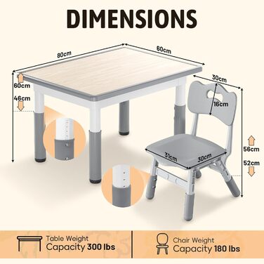 Дитячий стіл зі стільцями, дитяча група меблів, регульована висота, HDPE та ABS, багатофункціональний ігровий стіл для дітей 2-10 років, ергономічний набір столи та стільця для дитячої кімнати (80*60 см, сірий)