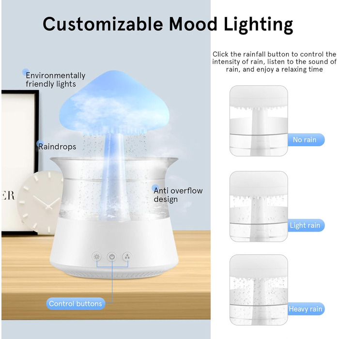 Зволожувач повітря Rain Clouds, зволожувач 3 в 1 Rain Cloud/Аромадифузор/7 кольорів Світлодіодний нічник, розсіювальний дифузор для спальні з краплею води Ефірні олії (білий)