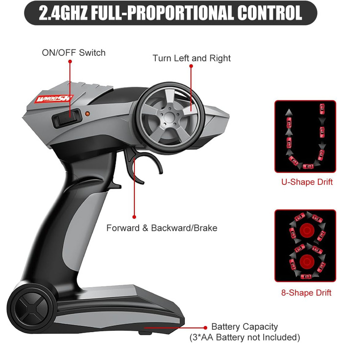 RC Автомобіль для дівчаток 1:16, Дрифт-кар зі світлодіодами 2.4GHz 4WD, Швидкість 30км/год, RTR, 2 акумулятори та дрифт-шини