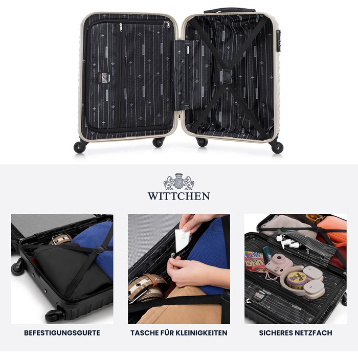 Набір валізWITTCHEN 3в1: велика, середня, маленька. Жорсткий корпус ABS, 4 колеса, кодовий замок. Підходить для Lufthansa, Eurowings, Ryanair, Condor. Бежевий колір.