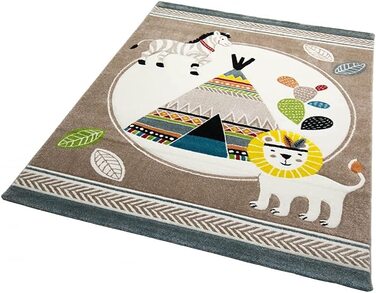 Килим-мрія для дитячої кімнати, килимок для ігор, Індіанський намет, лев, зебра, кактус, Розмір (160 см круглий, бежево-синій, кремово-коричневий)