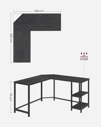 VASAGLE L-подібний кутовий стіл для комп'ютера, 138 x 138 x 76 см, з 2 полицями, для офісу та дому, ігровий, чорний з імітацією дерева, LWD072B56