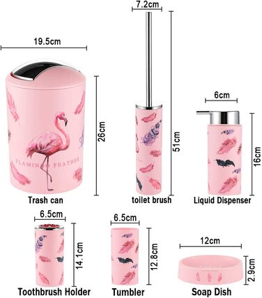 Набір для ванної кімнати JOTOM, 6 предметів, набір аксесуарів для ванної кімнати, тримач для мила, Туалетна щітка, набір для ванної, відро для сміття (фламінго)