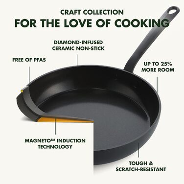 Сковорода GreenPan Craft 20 см, без PFAS, для індукційних плит, можна мити в посудомийній машині, можна використовувати в духовці, чорна