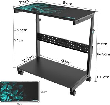 Підставка для комп'ютера EUREKA ERGONOMIC, регульована по висоті, ATX, для CPU, під стіл, з коліщатками, з підкладкою під мишу, чорна