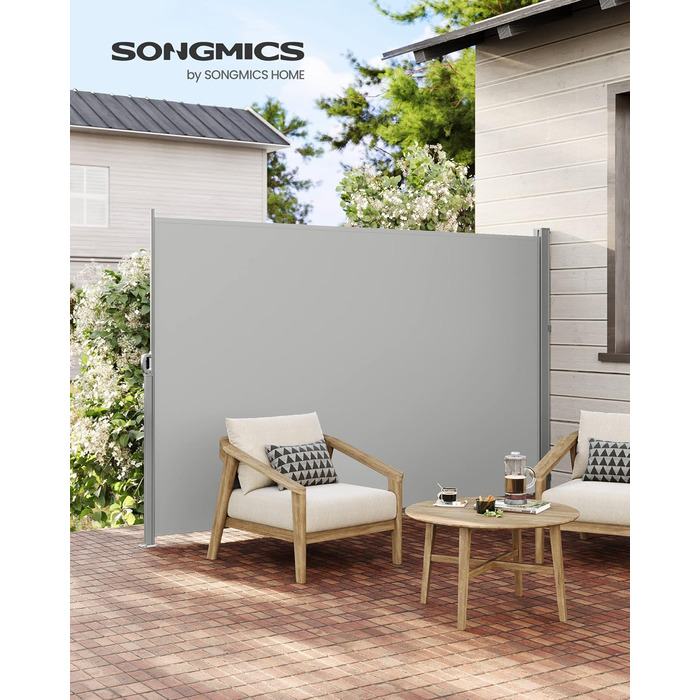 Сонцезахисна і вітрозахисна бічна маркіза SONGMICS 200×350 см, сталевий короб, антикорозійна, висувна, щільна, для балкона, тераси, саду, світло-сіра