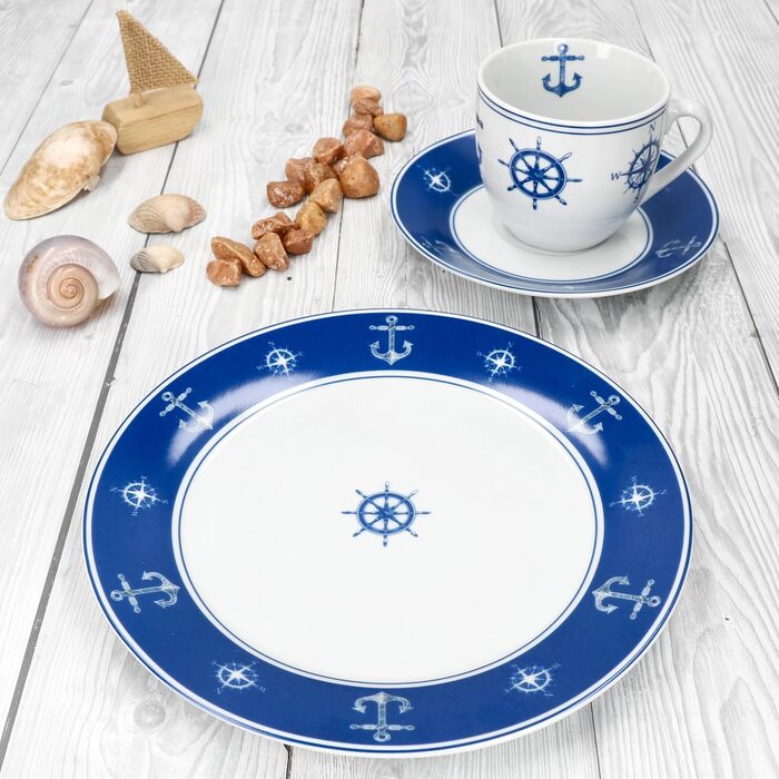 MamboCat AHOI кавовий сервіс 18 предметів (6 осіб) блакитно-білий порцелан з морськими мотивами (якір) | 6 чашок 200 мл, 6 тарілок, 6 підставок