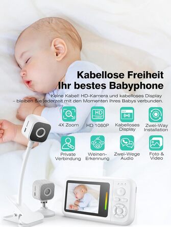 Відеоняня з камерою 1080P без Wi-Fi: монітор, тримач, кліпса для ліжечка, двосторонній звук, датчик температури, виявлення плачу, нічне бачення, 8 колискових, запис фото/відео, SD-карта в комплекті (біла)