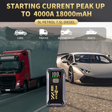 Powerbank Starthilfe 4000A: Портативний пусковий пристрій для авто 12V з LCD дисплеєм та LED ліхтариком. Підходить для бензинових (9.0L) та дизельних (7.5L) двигунів. Ідеально для SUV, мотоциклів та газонокосарок.