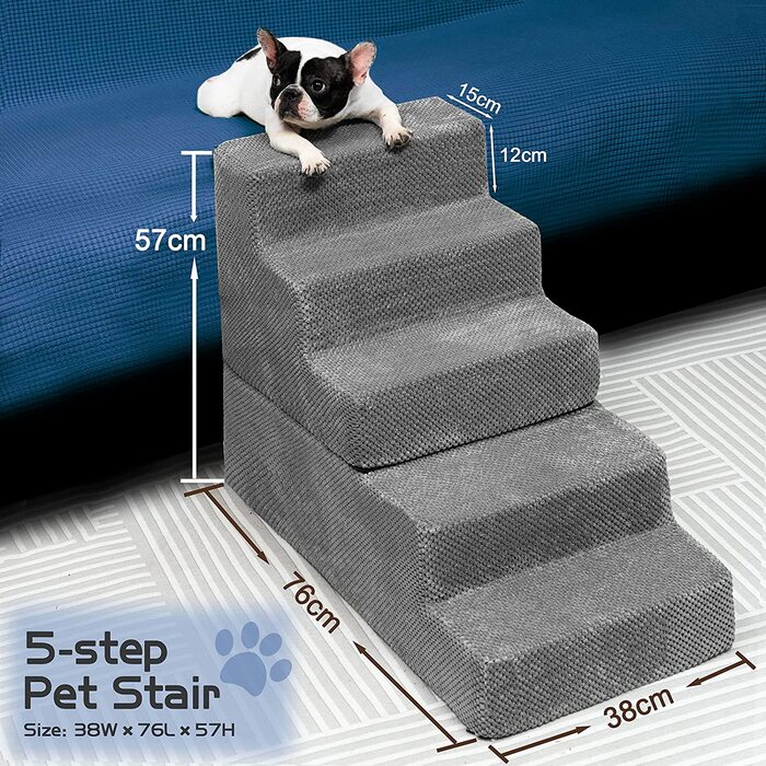 Міцні сходи для собак, сходи для домашніх тварин 5-ступінчасті протиковзкі гумові сходи з пінопласту для собак зі знімним покриттям, що миється для маленьких і літніх домашніх тварин (фланелева, 5-ступінчаста (В 57 см))