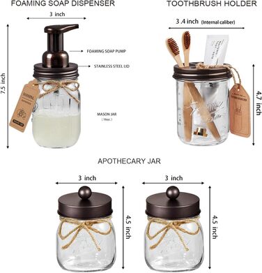 Набір аксесуарів для ванної кімнати Mason Jar (6 шт. ) - дозатор мила, тримач для зубних щіток, тримач Qtip, мильниця, бронза