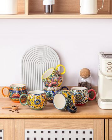 Набір кавових чашок Henten Home з порцеляни, 6 шт., 250 мл, ручної роботи, набір для 6 осіб, включає чашки та блюдця (600 мл)