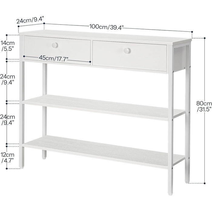 Консольний столик HOOBRO з шухлядою та двома полицями, 100x24x80 см, білий. Підходить для прихожей, вітальні, передпокою