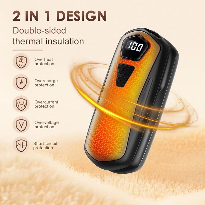 Електричні грілки для рук 2 шт. з акумулятором 6000mAh, 5 режимів нагріву, USB, для кемпінгу та активного відпочинку, подарунок для жінок та чоловіків, чорний